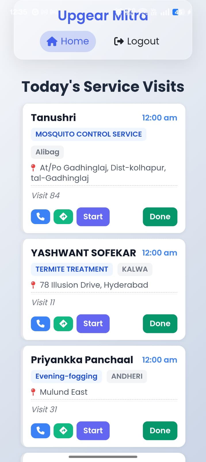 Upgear Mitra field app — today's visit list for a technician