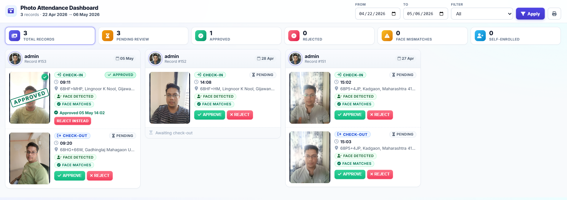 Photo attendance dashboard with selfies, face-match results, and supervisor approve/reject controls